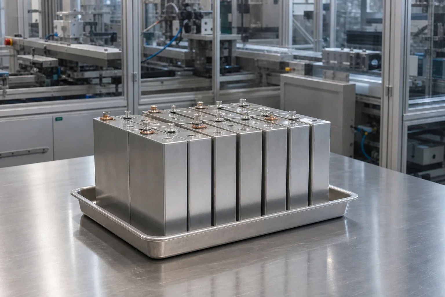 Illustrative prismatic battery cells in a lithium-ion battery production setting