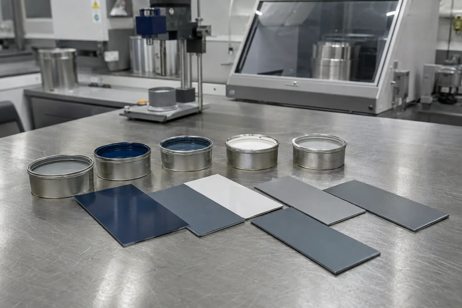 Illustrative coating samples and coated panels on a formulation laboratory bench